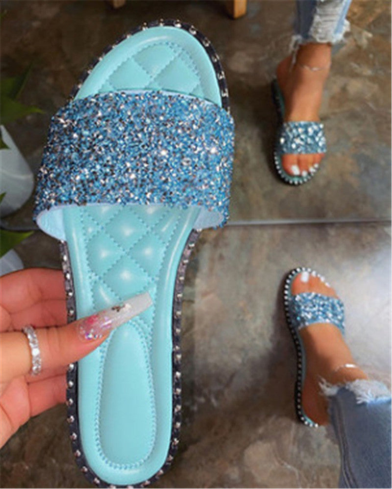 Round Head Flat Bottom Rhinestone Slippers Beach Drag