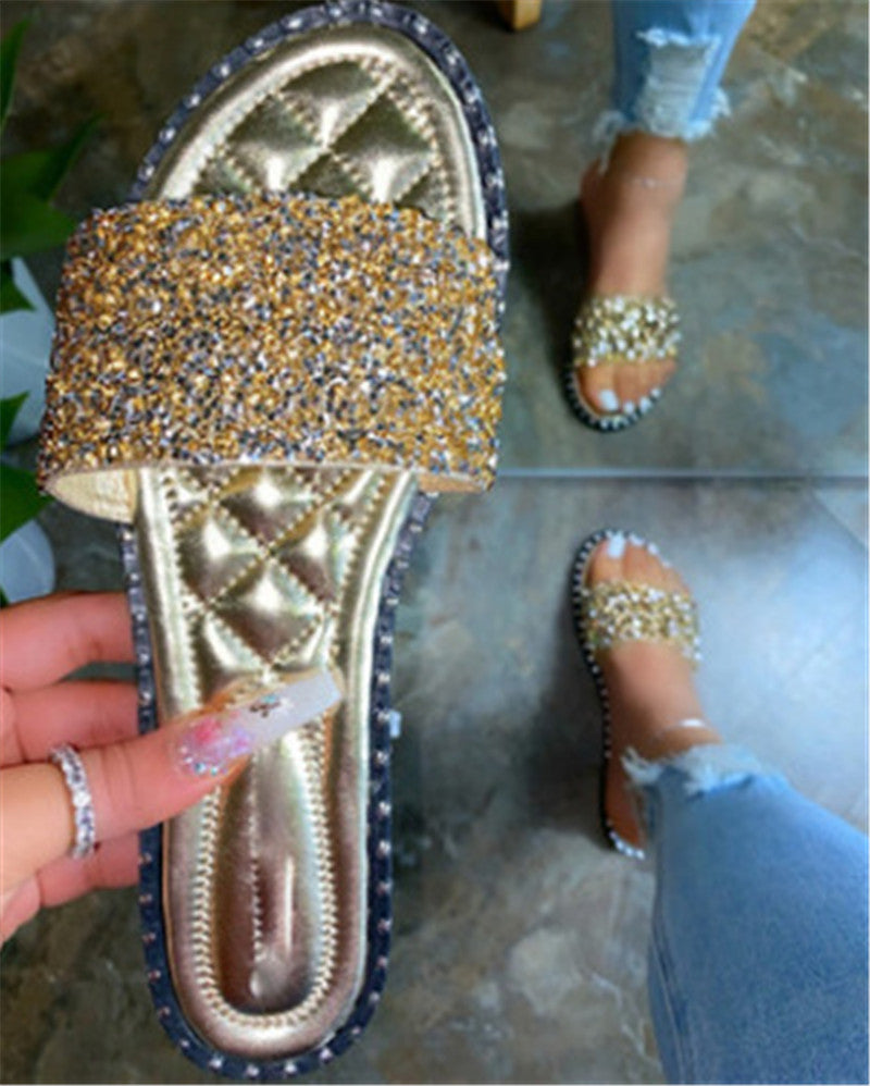 Round Head Flat Bottom Rhinestone Slippers Beach Drag