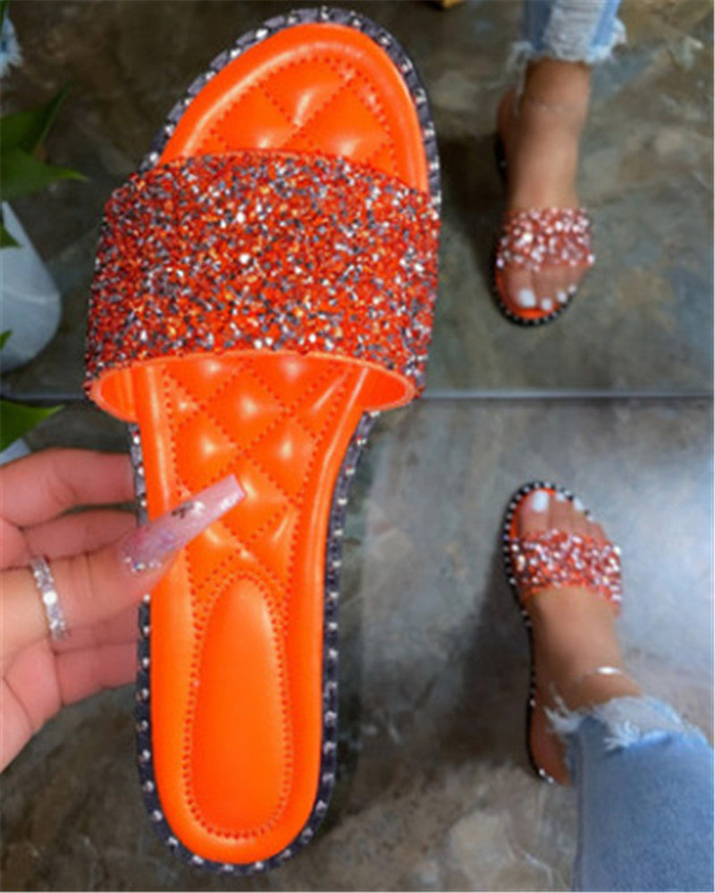Round Head Flat Bottom Rhinestone Slippers Beach Drag