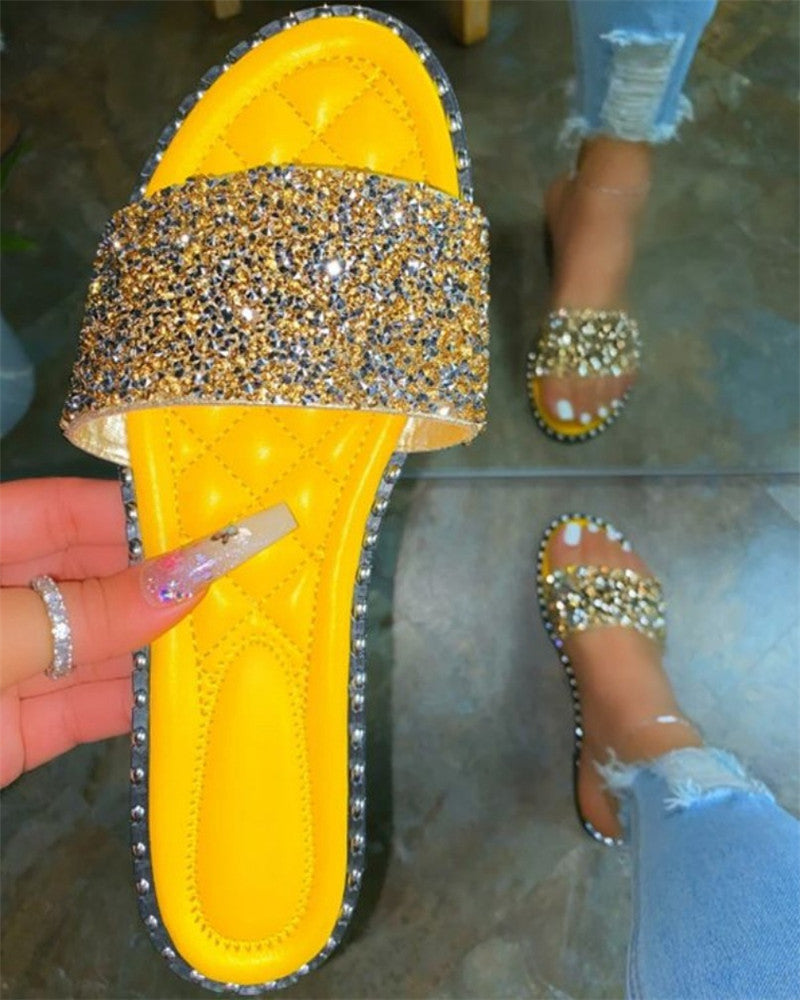 Round Head Flat Bottom Rhinestone Slippers Beach Drag