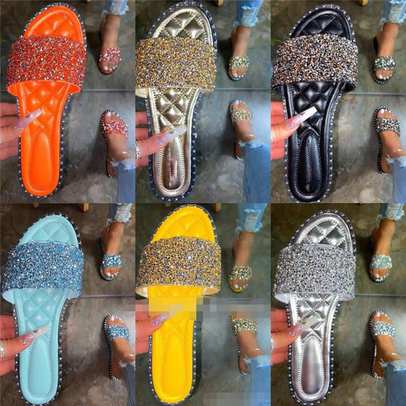 Round Head Flat Bottom Rhinestone Slippers Beach Drag