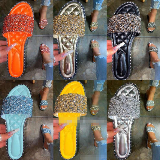Round Head Flat Bottom Rhinestone Slippers Beach Drag