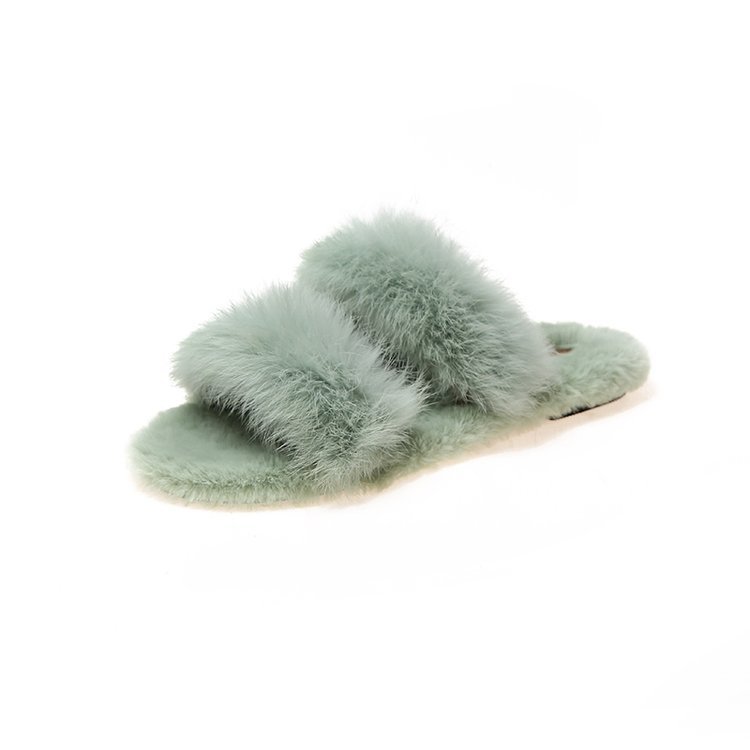 Autumn And Winter New Rabbit Fur Flat-Bottom Slippers Female Korean Casual Outer Wear Fur Slippers