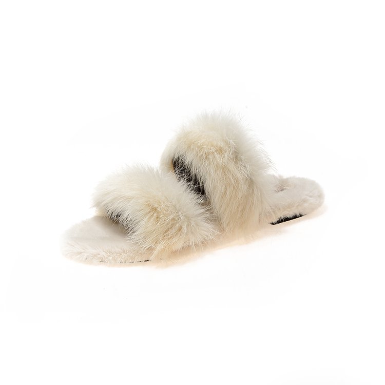Autumn And Winter New Rabbit Fur Flat-Bottom Slippers Female Korean Casual Outer Wear Fur Slippers