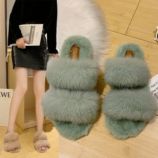 Autumn And Winter New Rabbit Fur Flat-Bottom Slippers Female Korean Casual Outer Wear Fur Slippers
