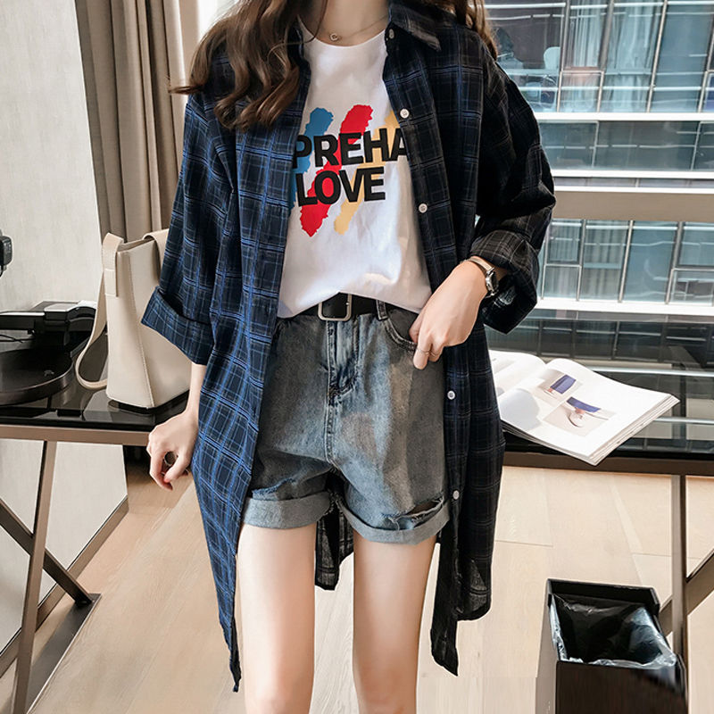 Plaid Shirt Long-Sleeved Thin Coat All-Match Sunscreen Mid-Length Top