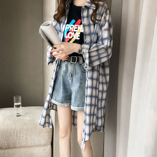 Plaid Shirt Long-Sleeved Thin Coat All-Match Sunscreen Mid-Length Top