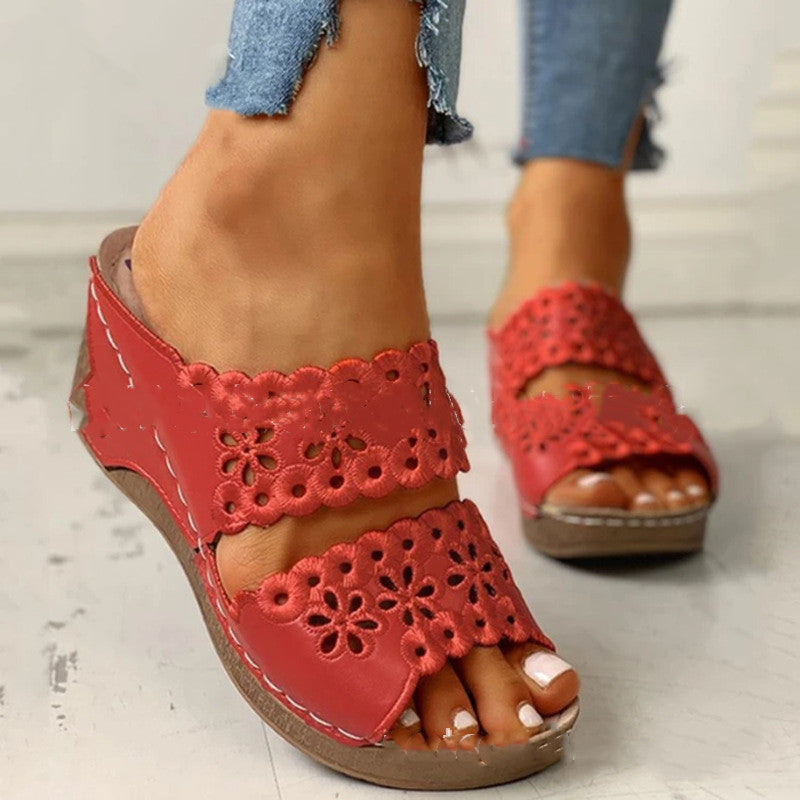 European And American Platform Wedge Embroidered Hollow Half Slippers
