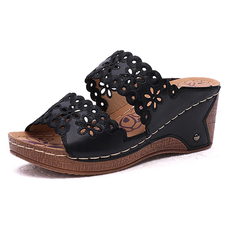 European And American Platform Wedge Embroidered Hollow Half Slippers
