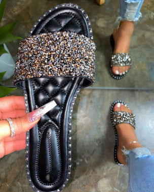 Round Head Flat Bottom Rhinestone Slippers Beach Drag