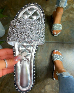 Round Head Flat Bottom Rhinestone Slippers Beach Drag