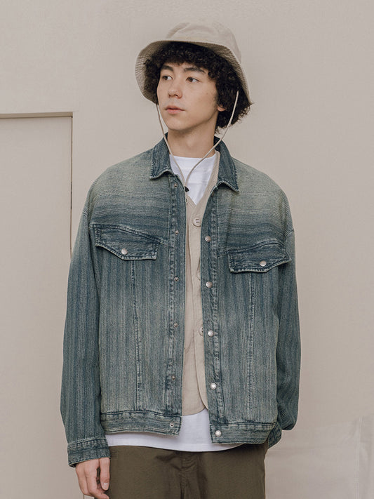 New Vertical Stripes Retro Tooling Denim Jacket Men'S Lapel Autumn Casual Thin Jacket