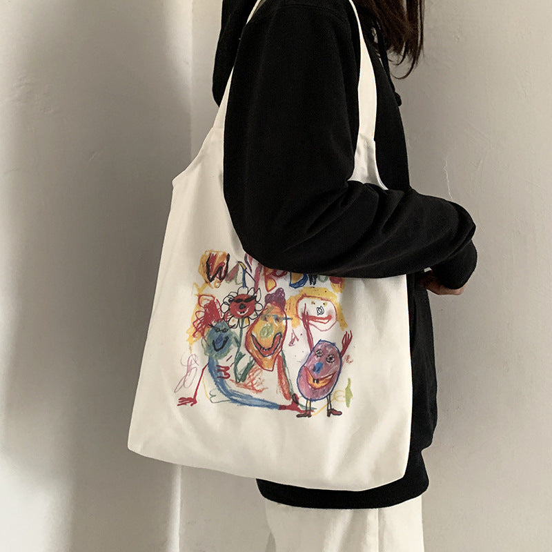 Small Fresh Art Comic Canvas Bag Women'S Single Shoulder Ins Student Canvas Shopping Bag