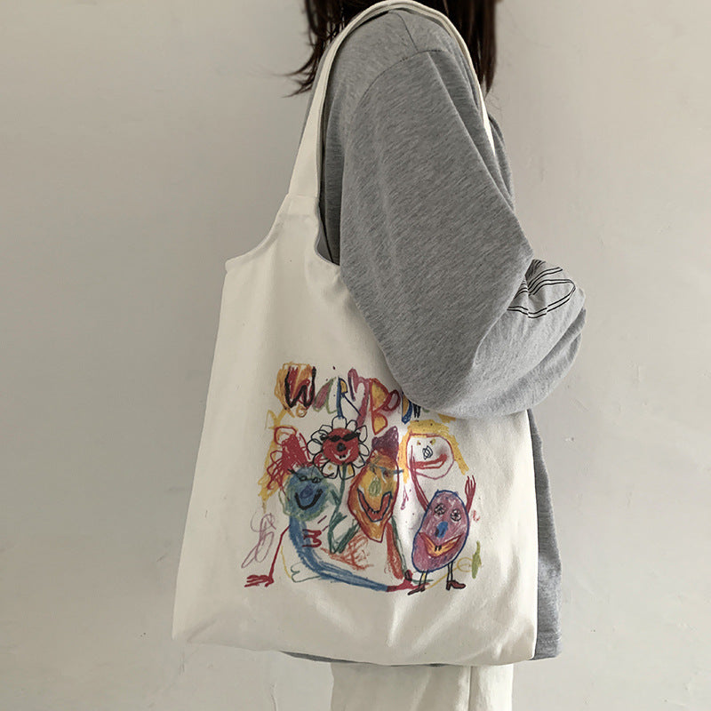Small Fresh Art Comic Canvas Bag Women'S Single Shoulder Ins Student Canvas Shopping Bag