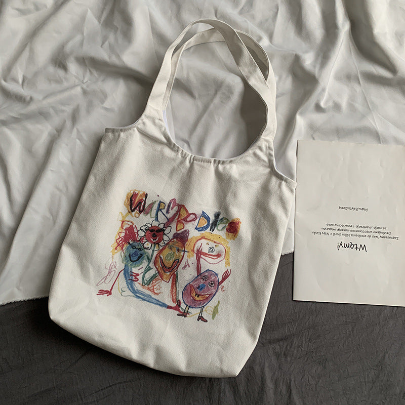 Small Fresh Art Comic Canvas Bag Women'S Single Shoulder Ins Student Canvas Shopping Bag