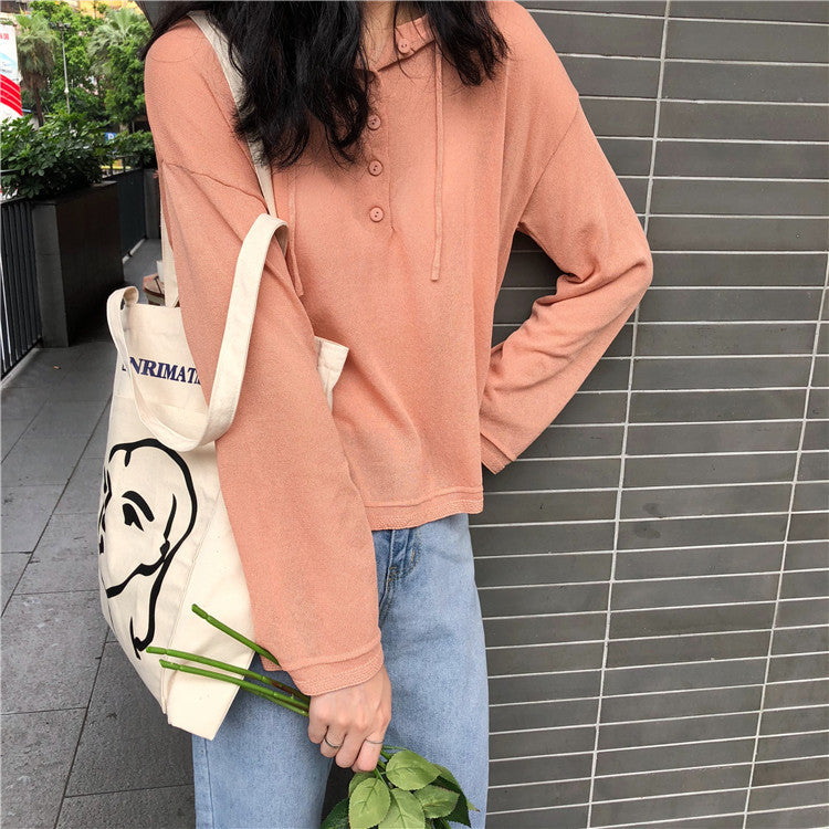 Korean Ins Same Paragraph Simple Female A Vatar Printed Canvas Bag Shoulder Bag Outer Pocket Literary Cloth Bag