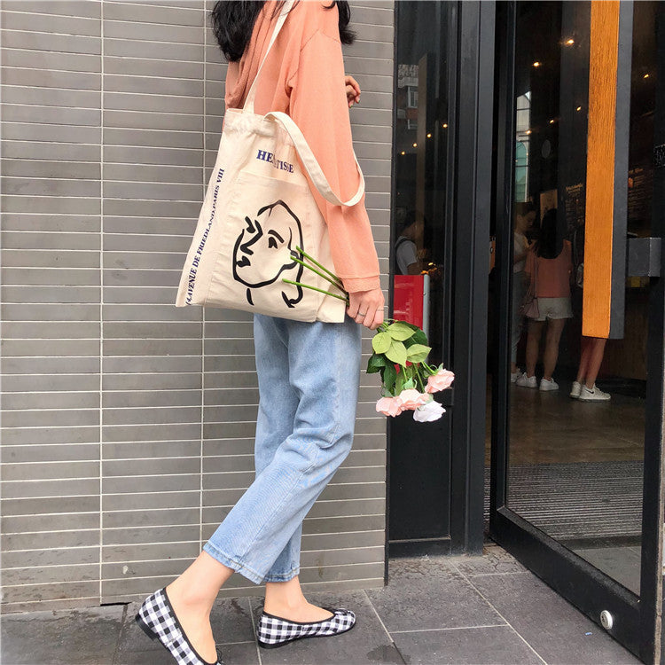 Korean Ins Same Paragraph Simple Female A Vatar Printed Canvas Bag Shoulder Bag Outer Pocket Literary Cloth Bag
