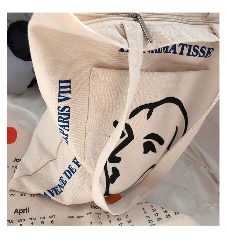 Korean Ins Same Paragraph Simple Female A Vatar Printed Canvas Bag Shoulder Bag Outer Pocket Literary Cloth Bag