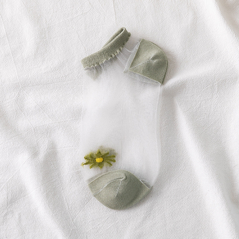 Small Daisy Glass Stockings Female Summer Socks Boat Socks Net Red Socks Shallow Mouth Transparent Socks