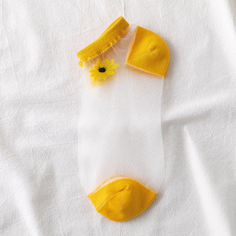 Small Daisy Glass Stockings Female Summer Socks Boat Socks Net Red Socks Shallow Mouth Transparent Socks
