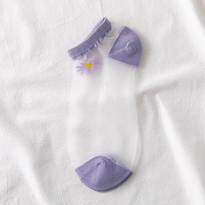 Small Daisy Glass Stockings Female Summer Socks Boat Socks Net Red Socks Shallow Mouth Transparent Socks
