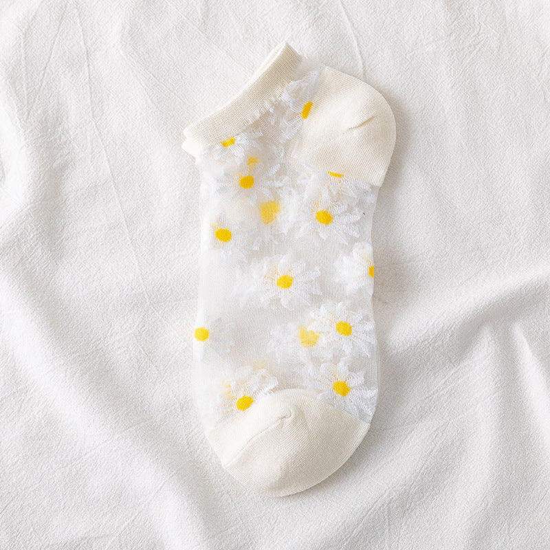 Small Daisy Glass Stockings Female Summer Socks Boat Socks Net Red Socks Shallow Mouth Transparent Socks