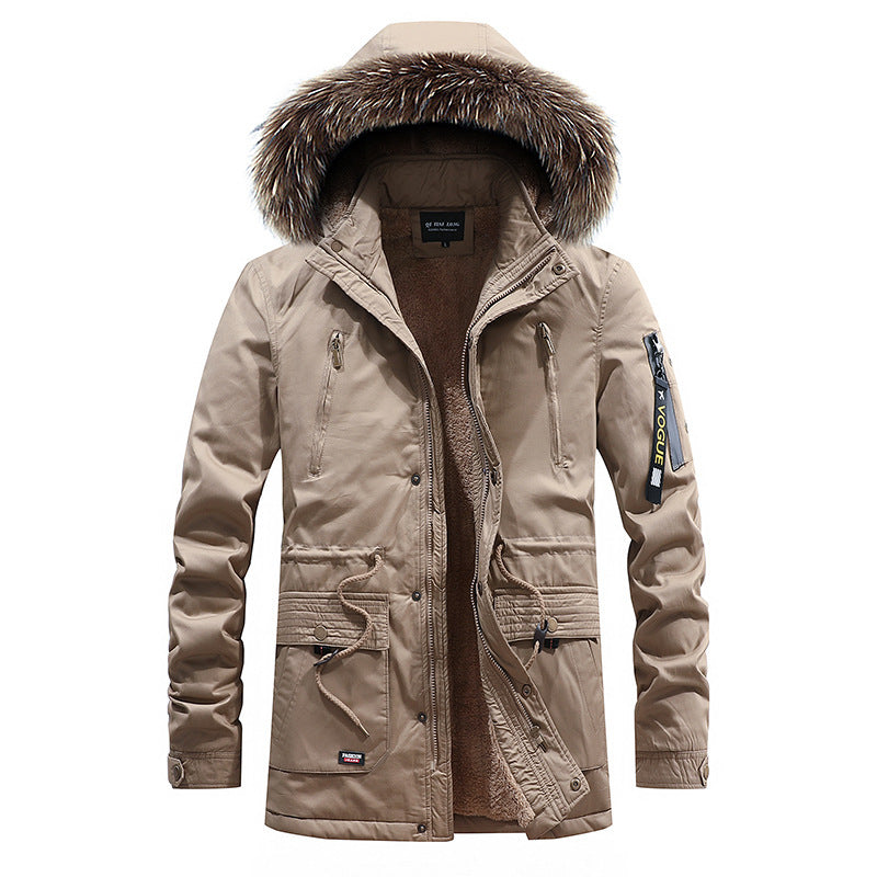 Winter New Men's Windbreaker British Slim Mid-length Thick Hooded Jacket Large Size Casual