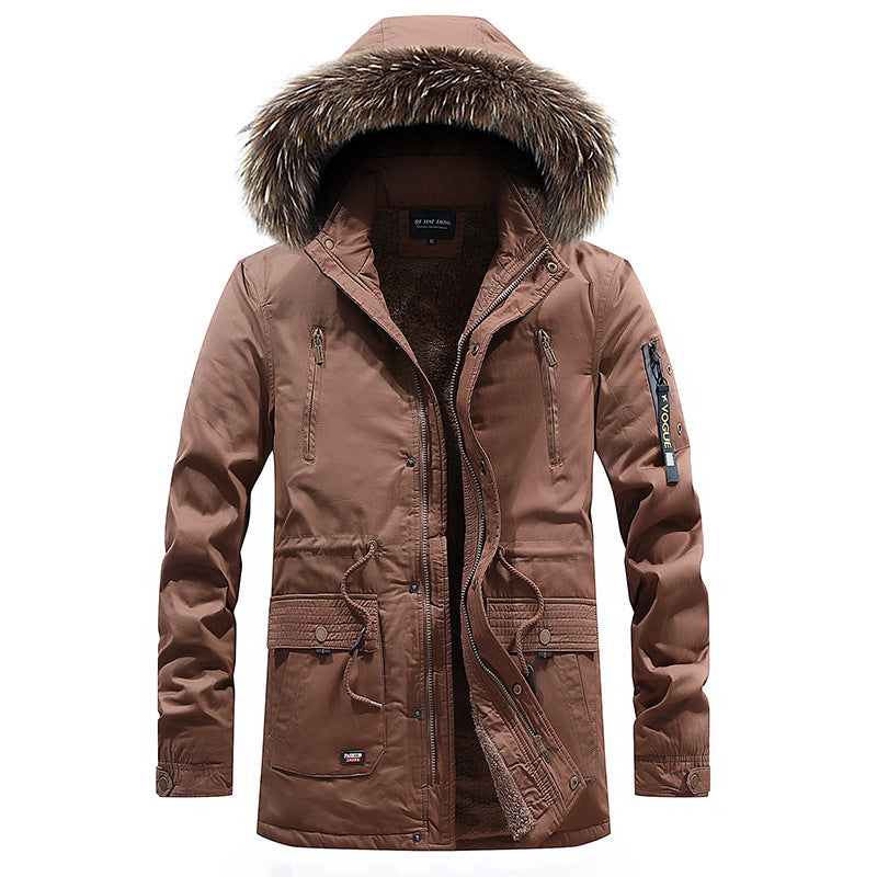 Winter New Men's Windbreaker British Slim Mid-length Thick Hooded Jacket Large Size Casual