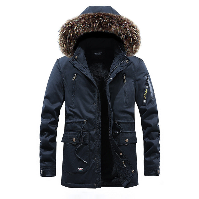 Winter New Men's Windbreaker British Slim Mid-length Thick Hooded Jacket Large Size Casual