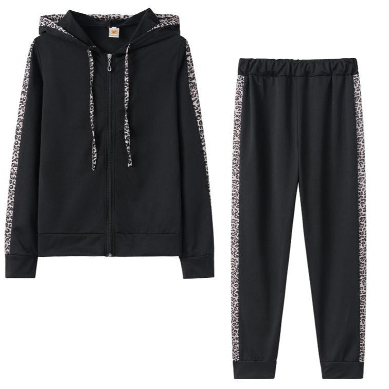 Leopard Print Long-Sleeved Pockets Plus Velvet Print Zipper Hoodie Trousers Autumn And Winter Women'S Suit