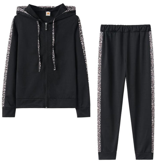 Leopard Print Long-Sleeved Pockets Plus Velvet Print Zipper Hoodie Trousers Autumn And Winter Women'S Suit