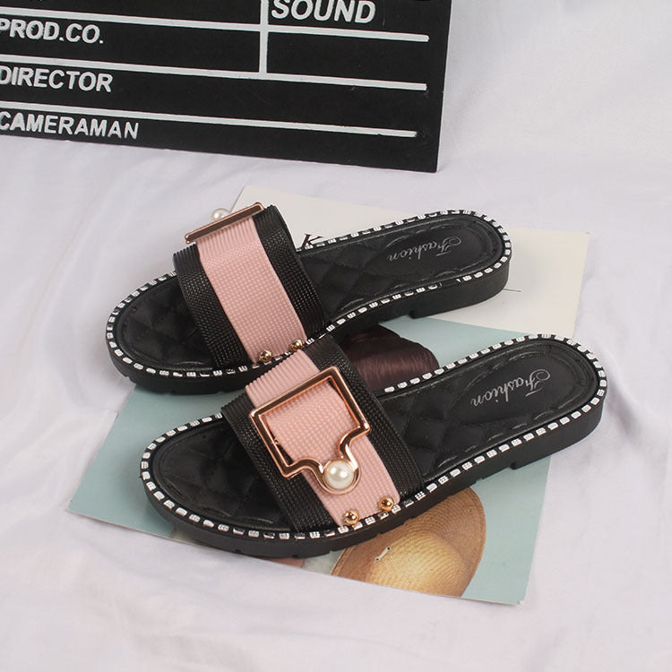 Women's Pearl Buckle Flip Flops Flat Sandals And Slippers
