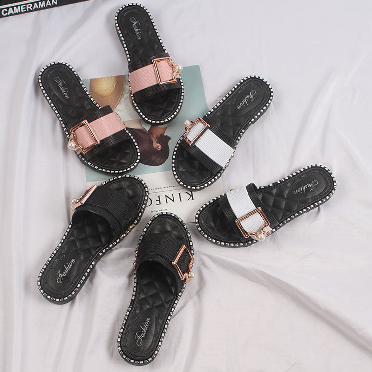 Women's Pearl Buckle Flip Flops Flat Sandals And Slippers