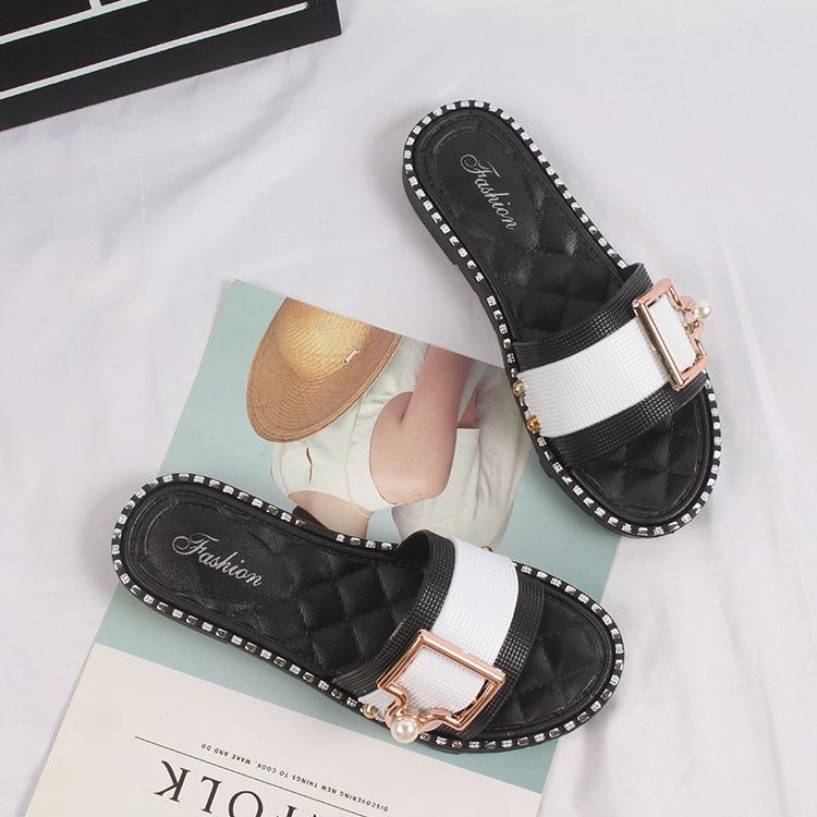 Women's Pearl Buckle Flip Flops Flat Sandals And Slippers