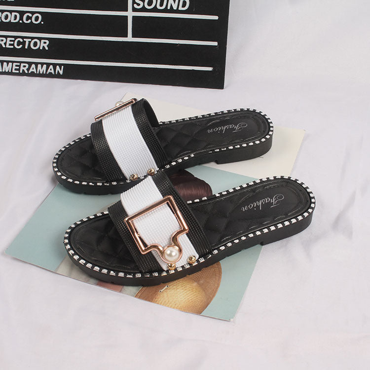 Women's Pearl Buckle Flip Flops Flat Sandals And Slippers