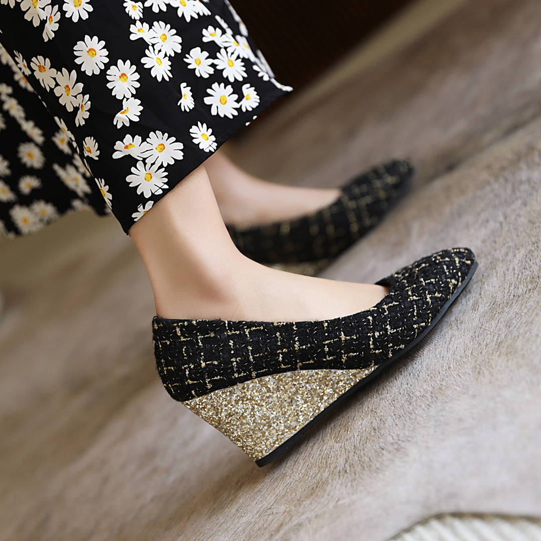 Wedge Heel Shiny Cloth Plaid Simple Fashion High Heels