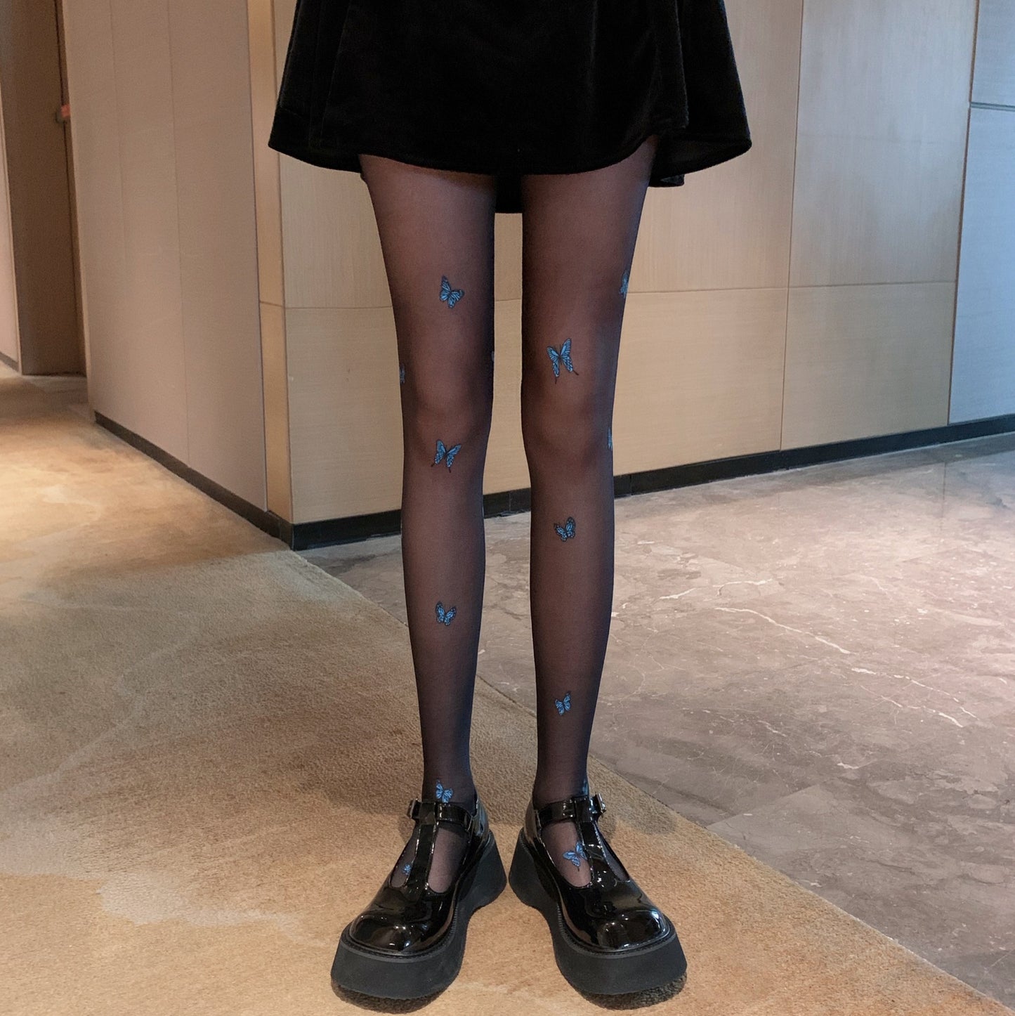 Blue Butterfly Print Core-spun Bottoming Stockings