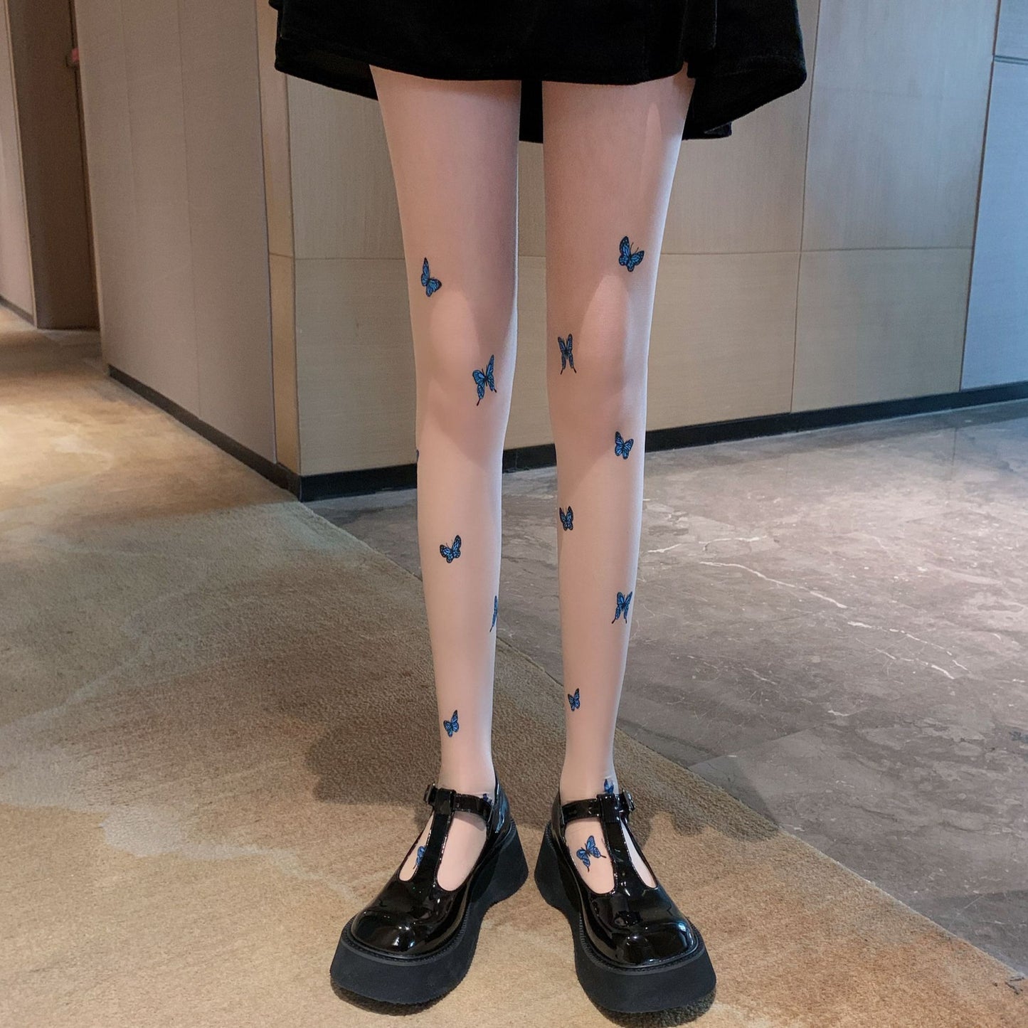Blue Butterfly Print Core-spun Bottoming Stockings
