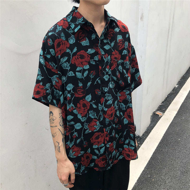 Retro Short-sleeved Shirt Loose Casual Flower Shirt