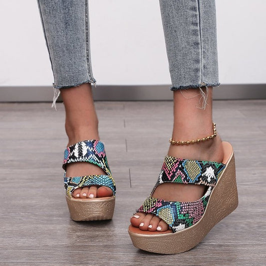 Oreign Trade Plus Size Slope Heel Slippers Women Summer New Style European And American Snake Pattern Sponge Cake Bottom Fish Mouth Heel Sandals And Slippers Women