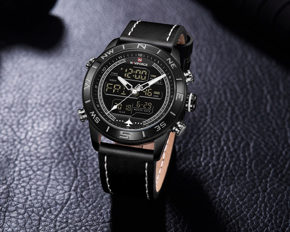 Men's Dual Display Watch Japanese Movement Business Leather Watch Luminous Date