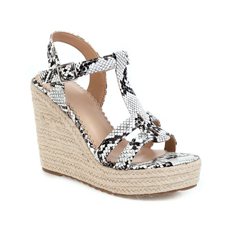 Large Size Snake Print Wedge Sandals Platform High Heel Buckle Women Summer New Ladies High Heel Sandals T4585
