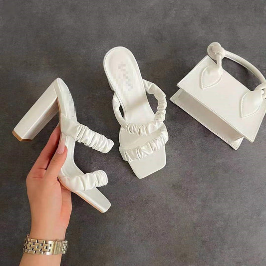 Large size pleated open-toe square-head thick heel sandals and slippers women's sandals