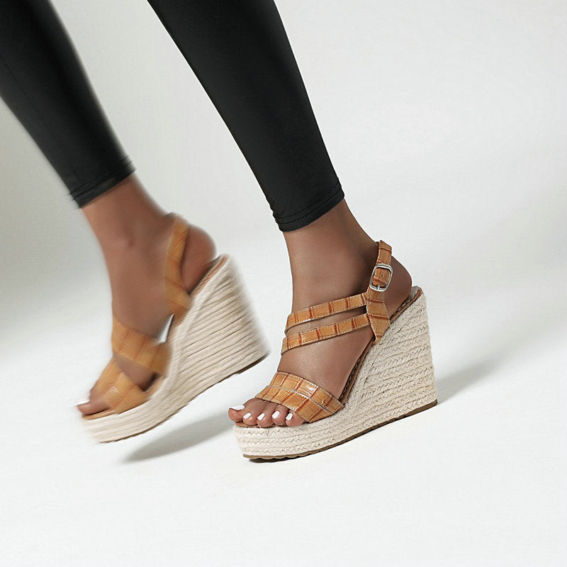 Sandaler Kvinders Sommer Ny Stil Kile Kvinders Sko Høj Hæl Romersk Tyksålet Strå Kile Sandaler Kvindelige Fe Stil Kvinders Sandaler
