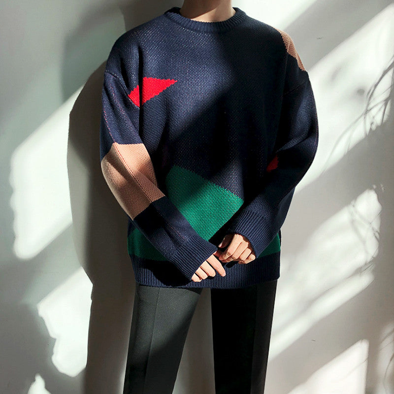 Thick Color-blocking Round Neck Lazy Loose Knit Sweater