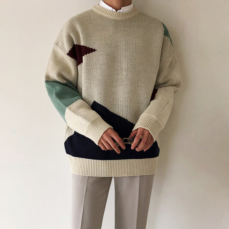 Thick Color-blocking Round Neck Lazy Loose Knit Sweater