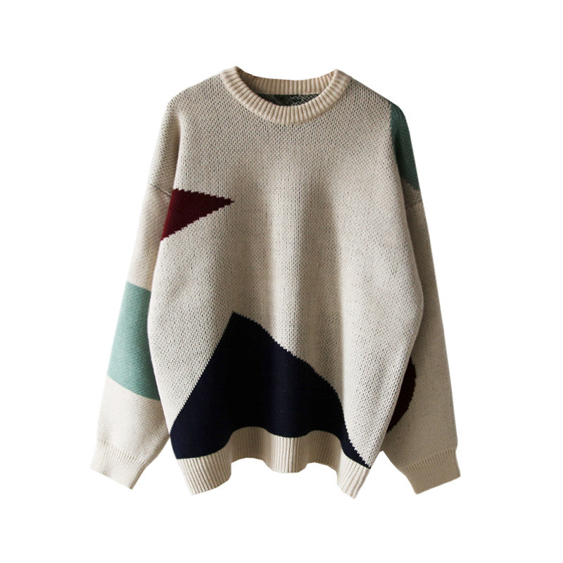 Thick Color-blocking Round Neck Lazy Loose Knit Sweater