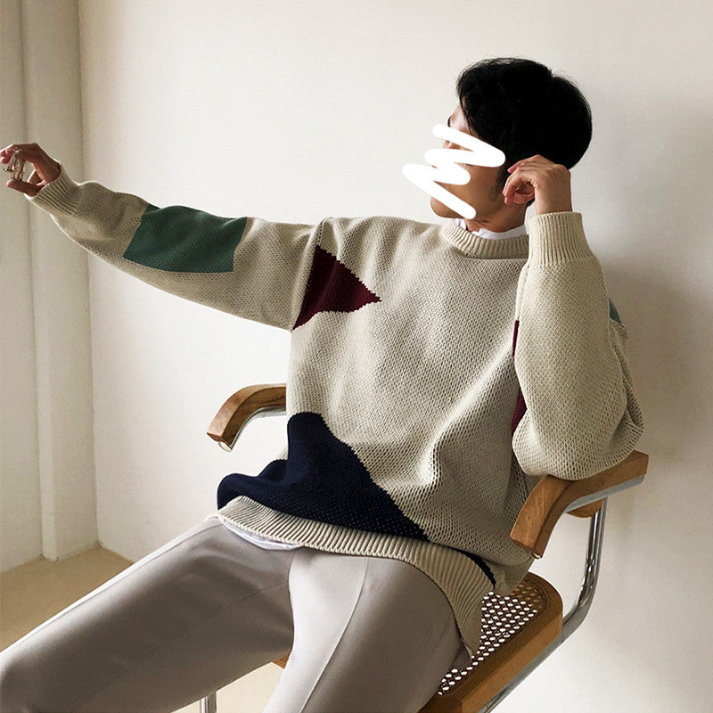 Thick Color-blocking Round Neck Lazy Loose Knit Sweater