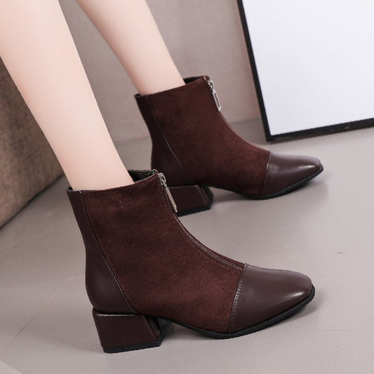 Women's Shoes Retro Square Toe Front Zipper Martin Boots
