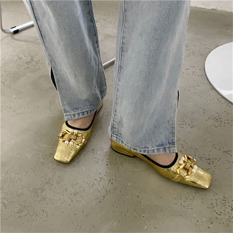 Square Toe Flat Shoes With Soft Sole And Pearl Metal Buckle